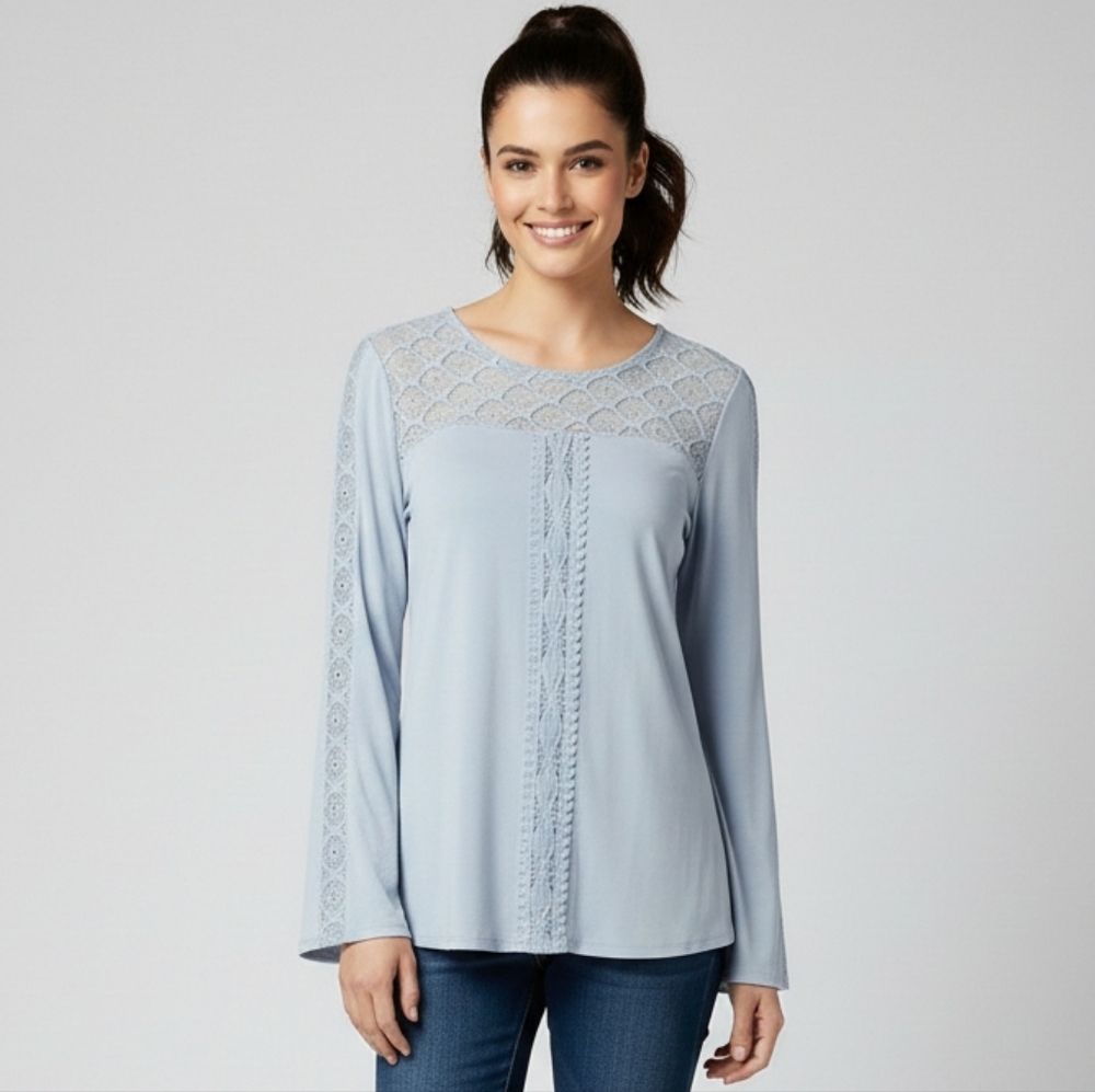 Cato Women's Light Blue Lace Embroidered Long Sleeve Blouse Size XS EUC 🐈
